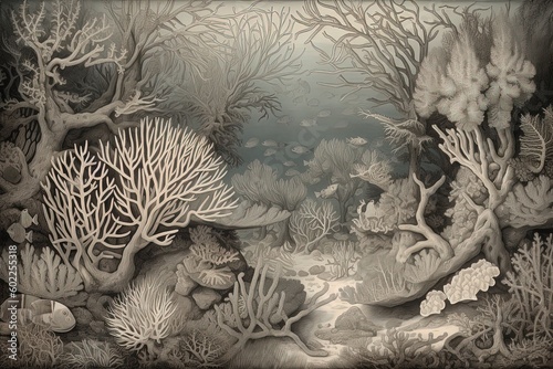 Exquisite Delicacy: Fine Details and Intricate Linework of a Coral Reef Drawing, generative AI photo