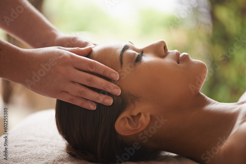 Girl, hands or head massage in hotel spa for zen resting, sleeping wellness or relaxing physical therapy. Calm, eyes closed or woman in beauty salon to exfoliate for facial healing treatment or detox