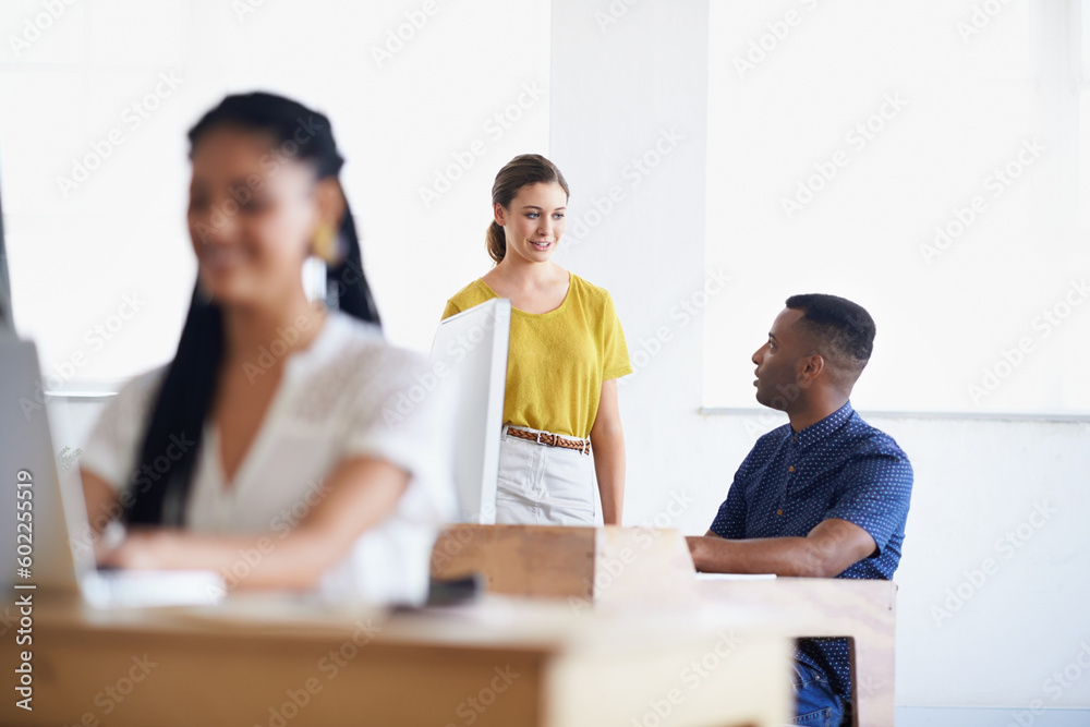 Computer, black man or woman training a worker in startup or research project in digital agency. Leadership, laptop or manager helping, coaching or speaking of SEO data or online branding to employee Computer, black man or woman training a worker in startup or research project in digital agency. Leadership, laptop or manager helping, coaching or speaking of SEO data or online branding to employee