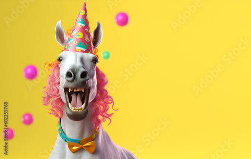 Fototapeta Naklejka Na Ścianę i Meble -  Creative animal concept. Horse in party cone hat necklace bowtie outfit isolated on solid pastel background advertisement, copy text space. birthday party invite invitation 