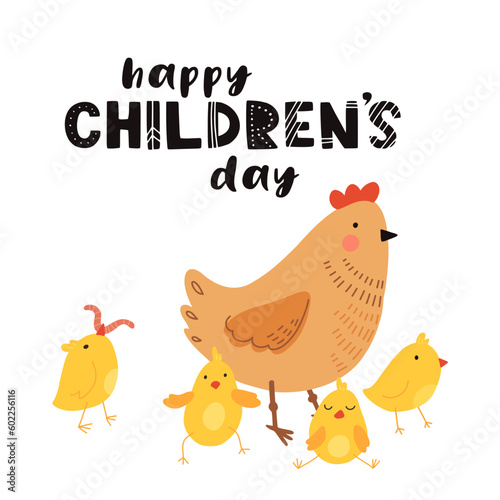 Greeting card for international children's day. cute mommy and baby chicken in cartoon style. Hen mom and chicks colorful illustration for childrens book, postcards and posters.