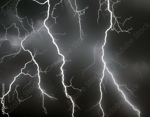 Lightning fills a dark night's sky. Generative AI background