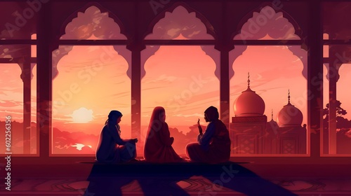 Muslim women sitting and holding Quran with view of mosque, background illustration, Generative AI