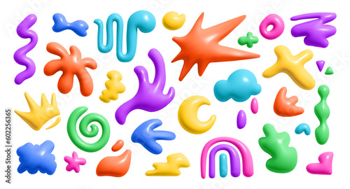 3d render color abstract liguid shape. Kid doodle graphic element. Cute cloud, flower shape, star, wave, rainbow, doodle in trendy moden style. Vector cartoon illustration
