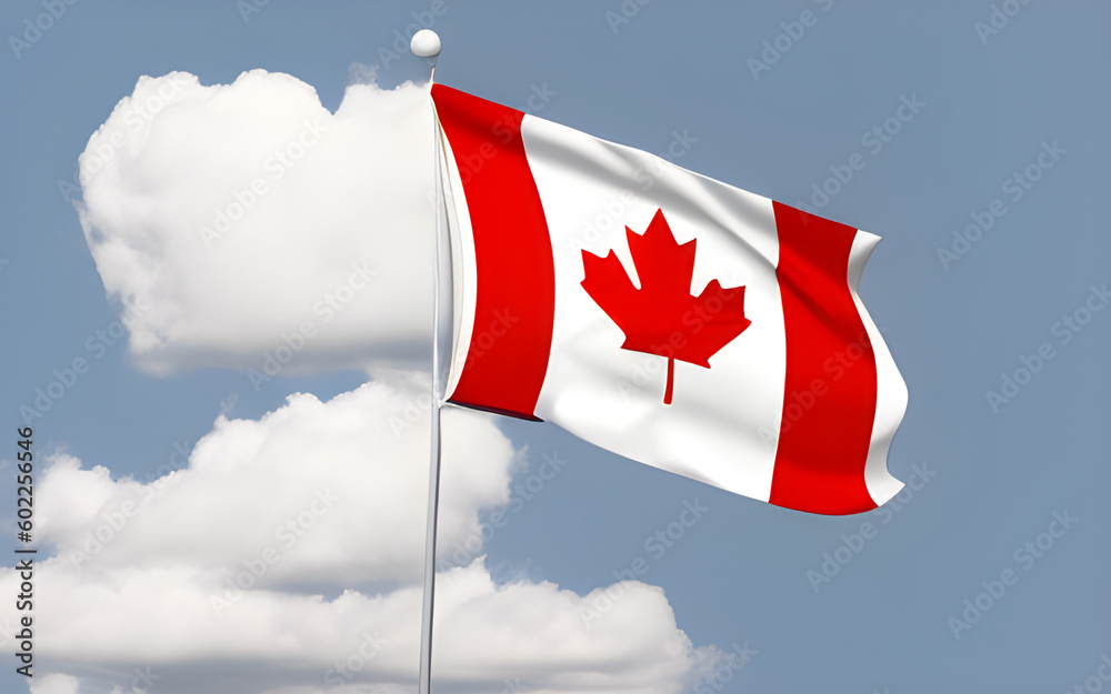 Canadian flag waving against blue sky. Generative AI Canadian flag waving against blue sky. Generative AI