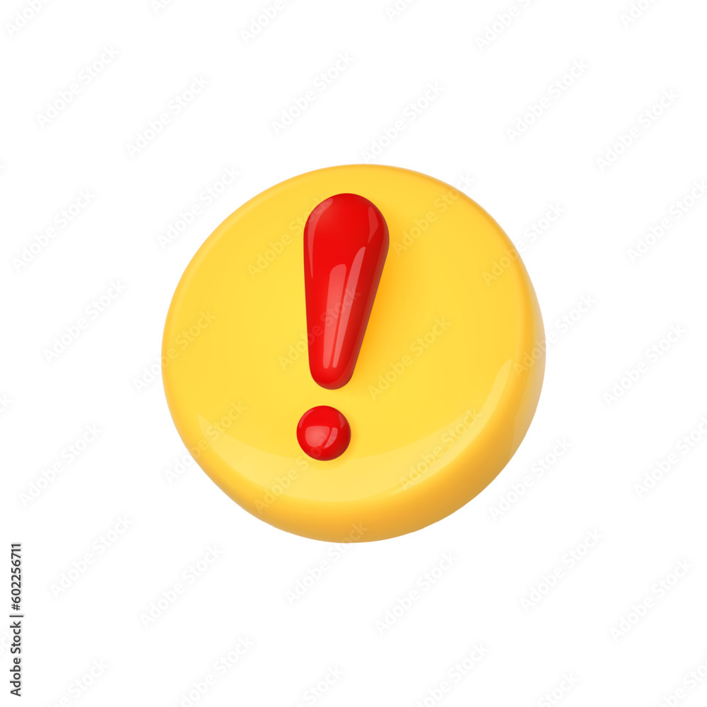 Yellow alert sign with exclamation mark front view. Danger, caution, attention icon. Round element important information. Realistic vector illustration Yellow alert sign with exclamation mark front view. Danger, caution, attention icon. Round element important information. Realistic vector illustration