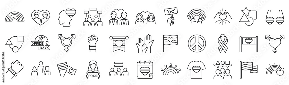 Set of line icons related to pride month, pride parade, lgbt, diversity inclusion, diversity. Outline icon collection. Editable stroke. Vector illustration - obrazy, fototapety, plakaty 
