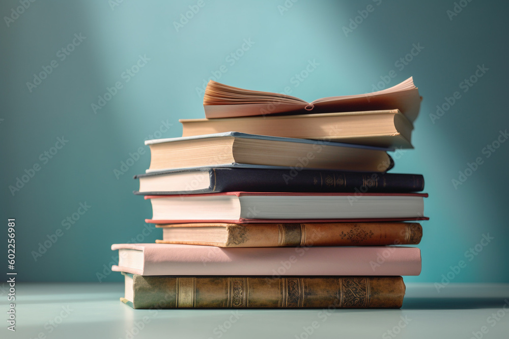 Stack of old books. Generative AI illustration