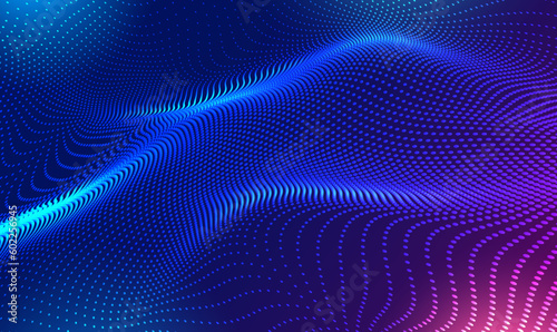 Abstract waving 3d particle technology Background. 3d wave point fractal grid infographic science futuristic audio visualization. Hi-tech and big data background for brochures, card, banner. Vector