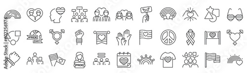 Set of line icons related to pride month, pride parade, lgbt, diversity inclusion, diversity. Outline icon collection. Editable stroke. Vector illustration