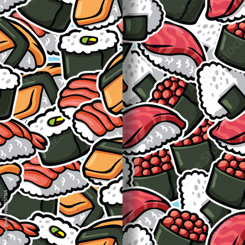 seamless pattern of sushi and rice doodle hand drawn