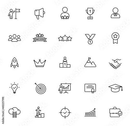 success outline icons isolated on white background. success line icons for web and ui design, mobile apps, print polygraphy and promo advertising business