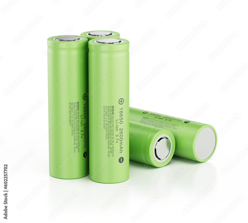 Rechargeable lithium ion batteries - li-ion cell batteries type 18650 isolated on white - obrazy, fototapety, plakaty 