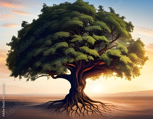 Resilience Amidst Desolation: A Lone Tree's Struggle and Survival in the Harsh Desert Landscape Under the Warm Glow of a Setting Sun