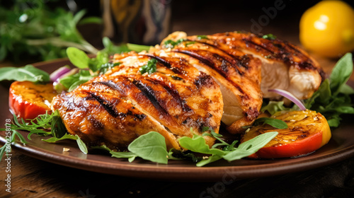 Closeup of tasty roast chicken breast served on plate . Delicious food. Grilled chicken. Generative AI