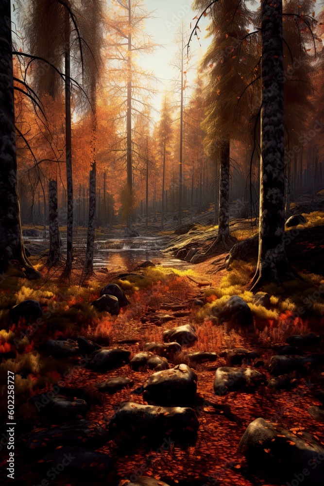 Autumn scene with trees turning orange and brown. AI Generative Art Autumn scene with trees turning orange and brown. AI Generative Art