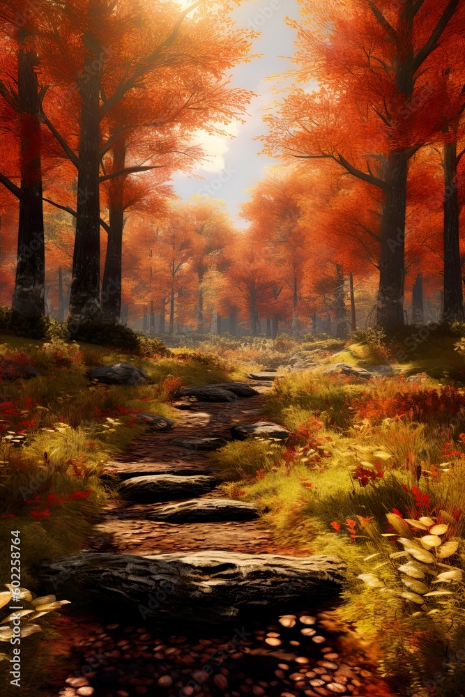 Autumn scene with trees turning orange and brown. AI Generative Art