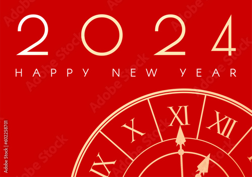 Happy New 2024 Eear elegant gold text ad clock. Minimal text template. photo