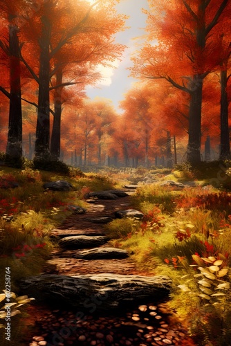 Autumn scene with trees turning orange and brown. AI Generative Art