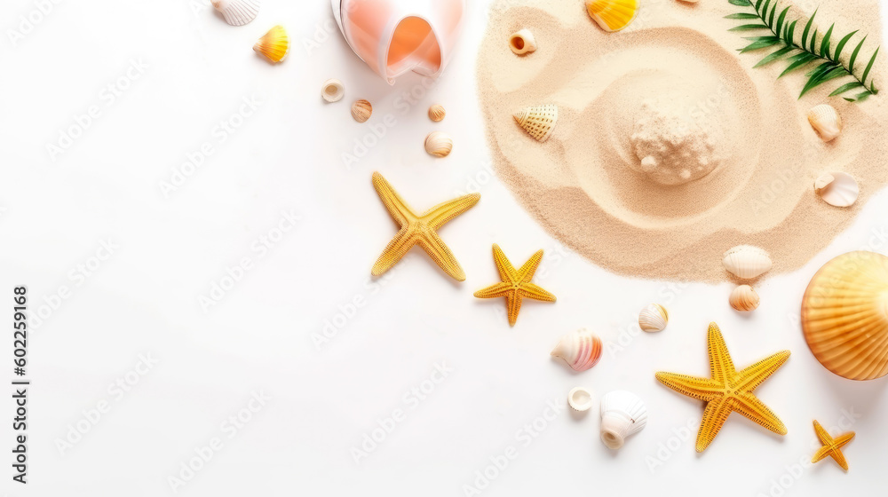 Summer concept with colorful sand and starfish on white background, top view, generative ai Summer concept with colorful sand and starfish on white background, top view, generative ai