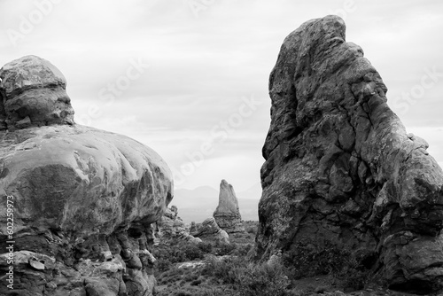 b+w sandstone rocks at arches nationalpark in utah usa