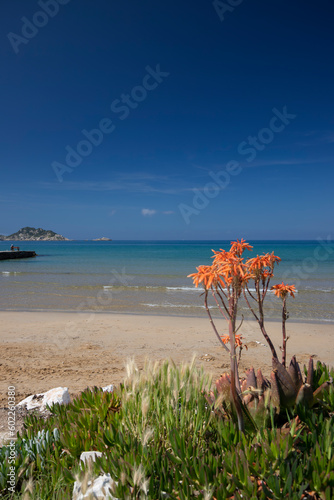 Krajobraz morski. Piaszczysta plaża i widok morski w malutkiej wiosce Arillas na zachodnim wybrzeżu greckiej wyspy Korfu. Malownicze scenerie nad Morzem Jońskim. 