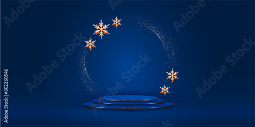 Christmas podium. New Year presentation with empty scene and elegant gold snowflakes.