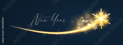 Merry Christmas and Happy New Year celebration with elegant gold flying snowflake and bokeh effect.