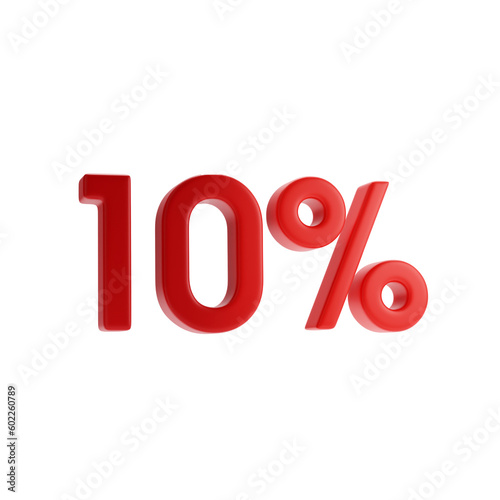 3d renderin. Red ten 10 perecent percent sign isolated on white. 3d rendering.