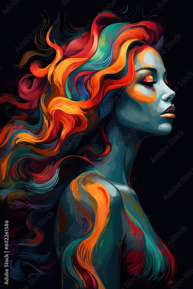 AI Generated image of a digital art colorful girl body drawing on a black background