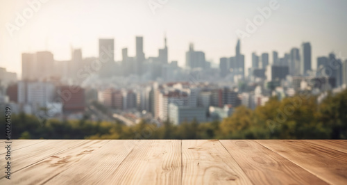 Wood table mockup with Singapore city street in shallow depth of field. Copy space for product. Generative AI