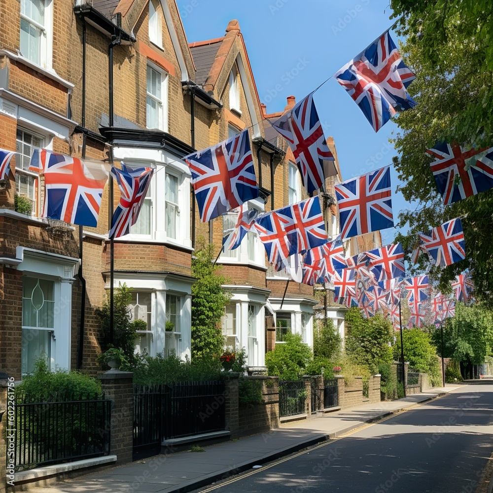 Union Jack flags hanging at the street ready to national holiday celebration Union Jack flags hanging at the street ready to national holiday celebration