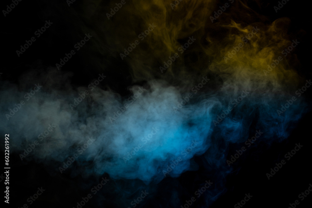 Blue and yellow steam on a black background.