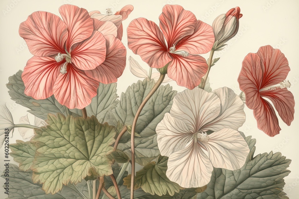 Exquisite Illustration of a Geranium: Fine Linework and Watercolor Washes Showcase the Classic Flower's Intricate Beauty, generative AI Exquisite Illustration of a Geranium: Fine Linework and Watercolor Washes Showcase the Classic Flower's Intricate Beauty, generative AI