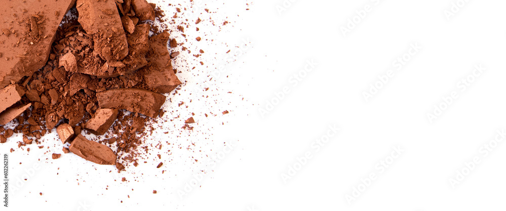 Broken makeup blush, as a sample of a cosmetic product on a white background. Top view, flat lay. Banner Broken makeup blush, as a sample of a cosmetic product on a white background. Top view, flat lay. Banner