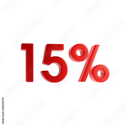15 percent red fifteen percent on a white background. 3d render illustration.