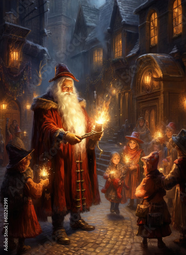 Santa Claus comes to give gifts to children and play with them on Christmas Day.