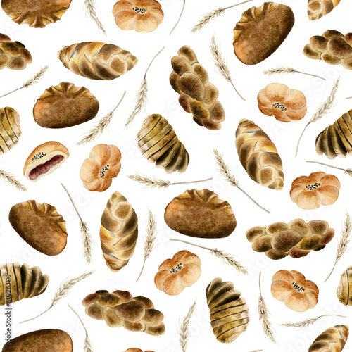 Watercolor fresh bread and sweet buns seamless pattern. Various types of bakery .Organic rural pastries products, loafs, challah with ears of wheat on white background