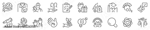 Line icons about corporate social responsibility, thin line icon set. Symbol collection in transparent background. Editable vector stroke. 512x512 Pixel Perfect.