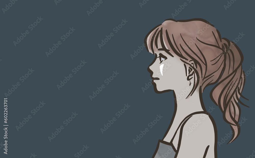 Profile of a woman with a ponytail_color_gray back ground