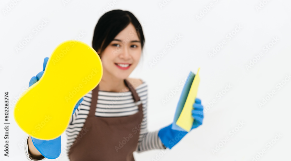 Housekeeper woman holding yellow sponge in hands, female wearing white t shirt ,brow apron and blue gloves, looking smiling directly at camera, posing against white wall. Housekeeper woman holding yellow sponge in hands, female wearing white t shirt ,brow apron and blue gloves, looking smiling directly at camera, posing against white wall.