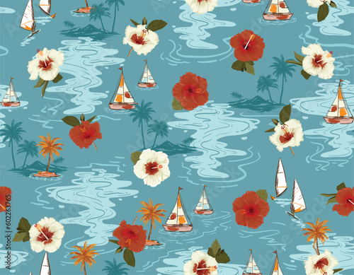 Summer Vibes with Island tropical , Ocean and sail boat Seamless pattern Vector Illustration