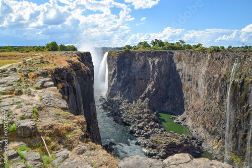 Parts of Mosi-Oa-Tunya waterfall aka Victoria Falls, during the dry season, view from the Zimbabwe side.