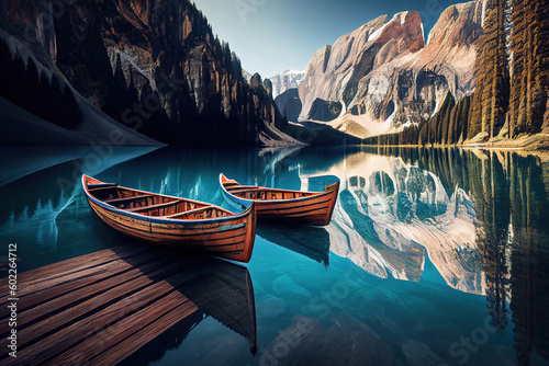 Boats on the Braies Lake ( Pragser Wildsee ) in Dolomites mountains. Generative Ai