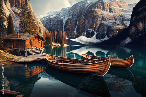 Boats on the Braies Lake ( Pragser Wildsee ) in Dolomites mountains. Generative Ai
