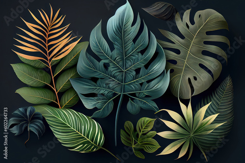 Collection of tropical leaves,foliage plant in naturul color with space background. Generative Ai photo