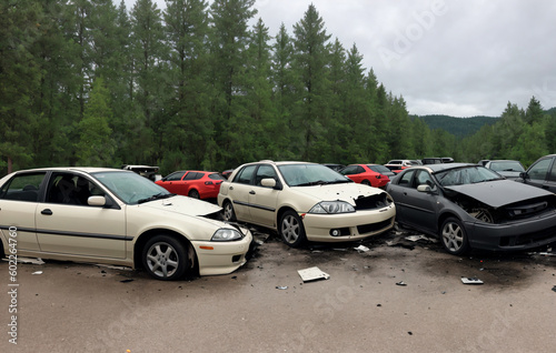 Car crash, mass car accident. Dangerous accident on the road. Generative AI. © Anton Dios