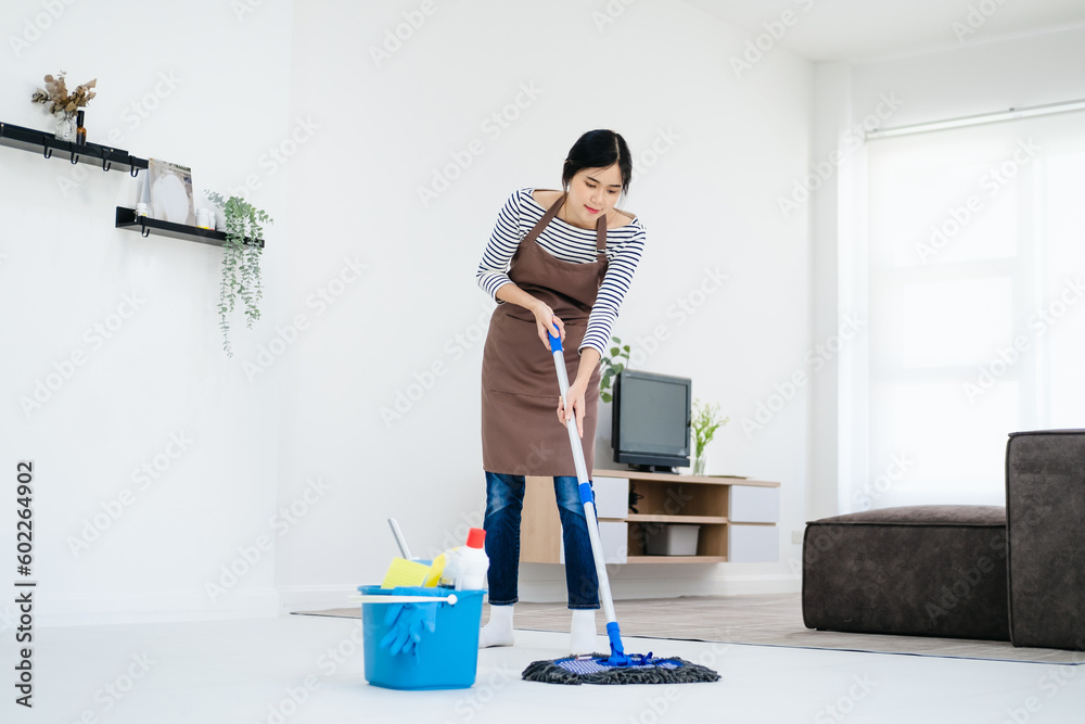 Portrait Of Young Woman Mopping Floor At Home Portrait Of Young Woman Mopping Floor At Home