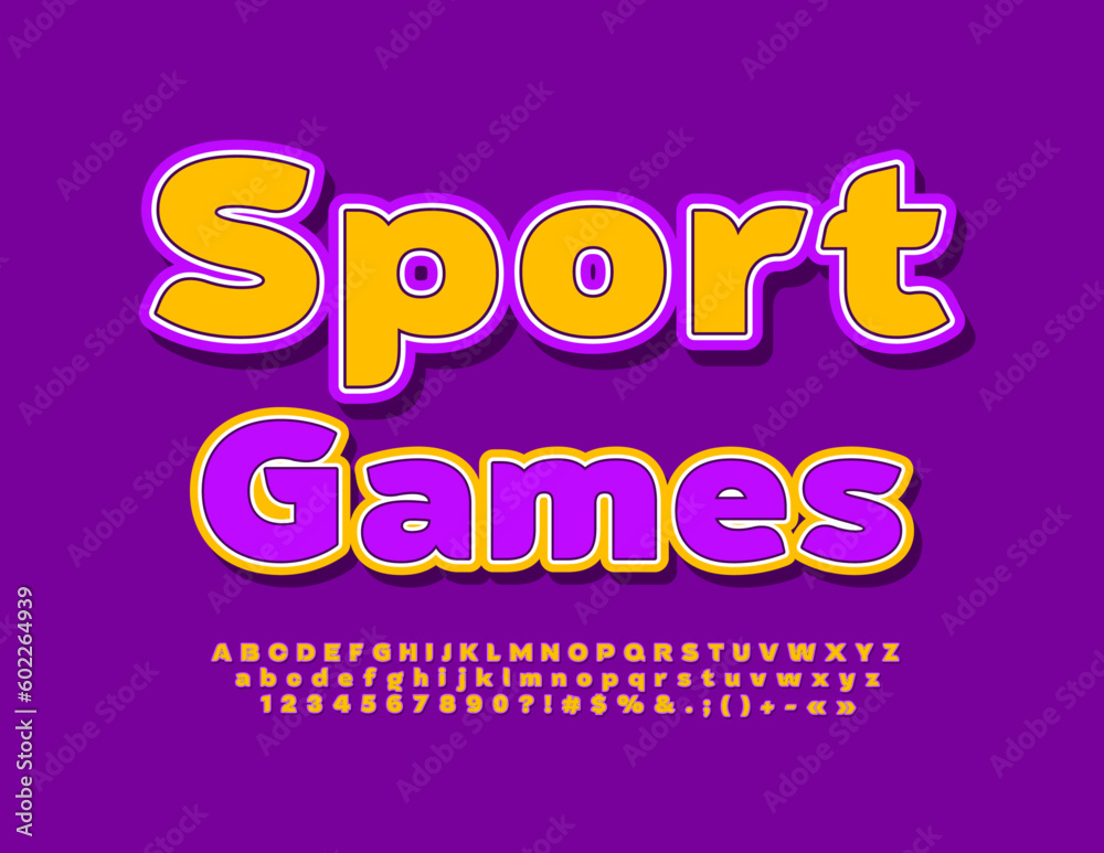 Vector bright poster Sport Games. Modern Colorful Font. Creative  Alphabet Letters and Numbers for Advertising
