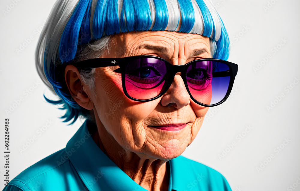 Old woman in sunglasses. Portrait of positive modern retired lady. Generative AI. Old woman in sunglasses. Portrait of positive modern retired lady. Generative AI.